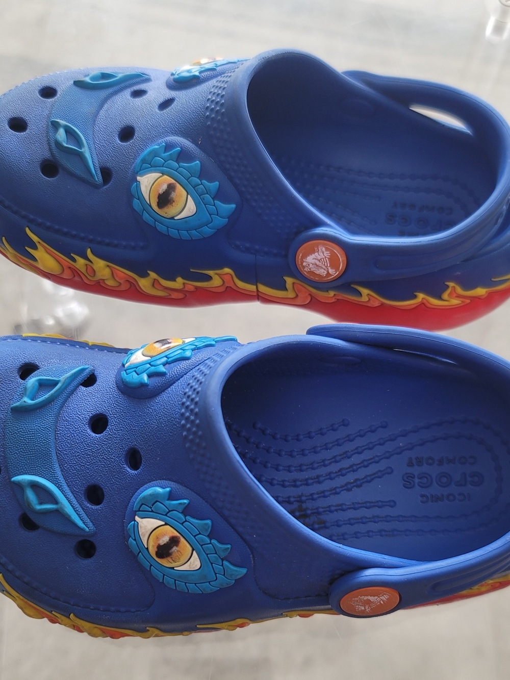 CROCS Kids Blue Dragon Clogs with Red/Yellow Flame Trim